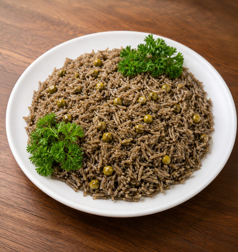 Dark brown rice pilaf with green peas and parsley on a white plate.