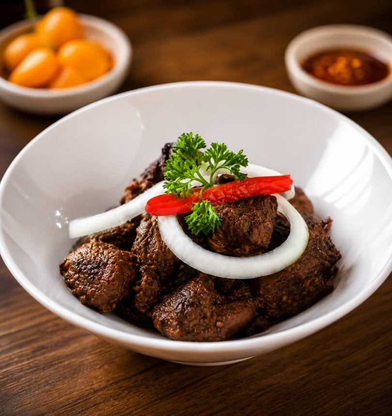 Dark stewed meat with onion rings, red chili, and parsley in a white bowl.