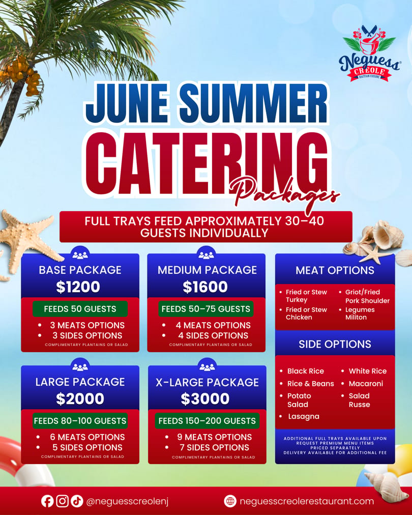 Neguess Creole's June Summer Catering Packages, featuring various meal and side options for different guest counts.