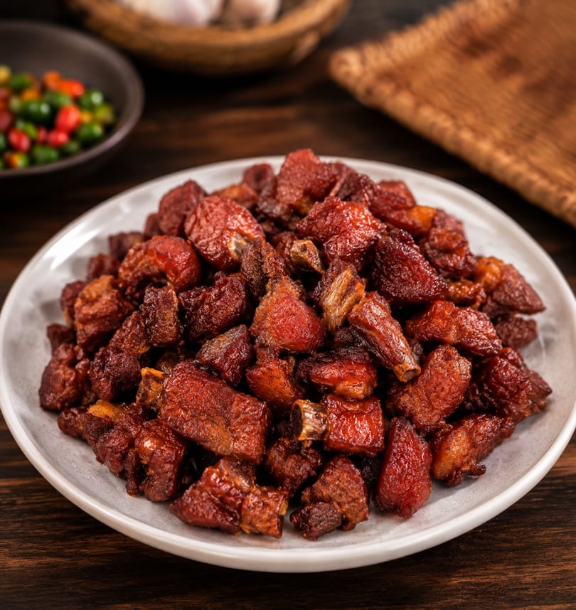 A white plate piled high with crispy, reddish-brown fried pork ribs on a dark wooden table.